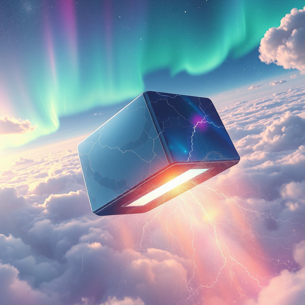 Computer Descends from Sky in Dreamlike Fantasy Illustration