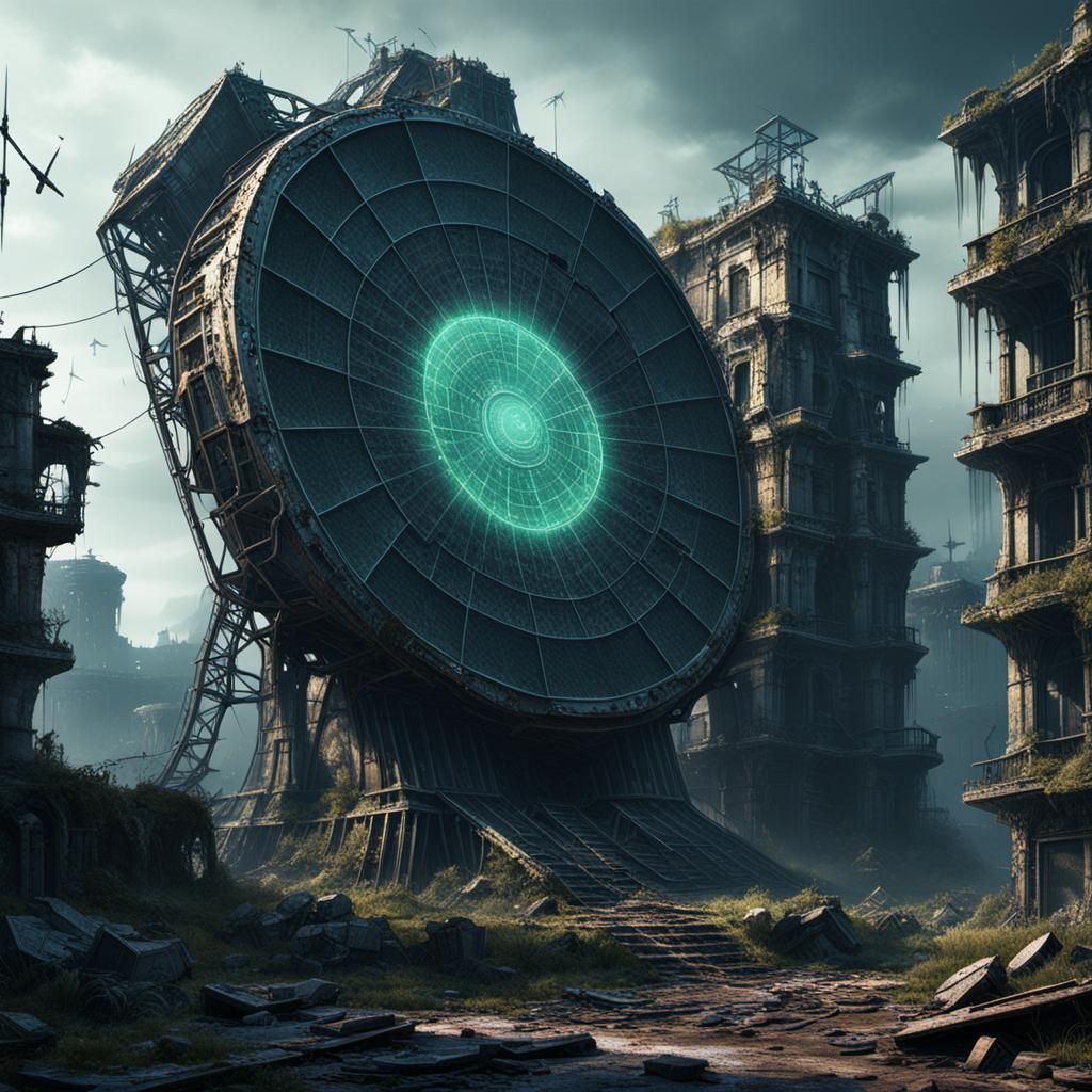 Decayed giant radar in the haunted ruins of an abandoned cit...