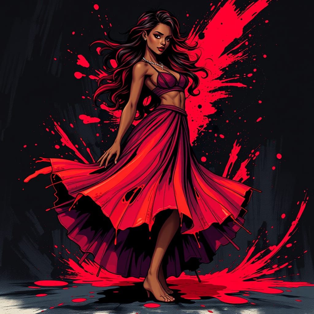 Daring Woman in Molten Paint Skirt, Graphic Novel Style