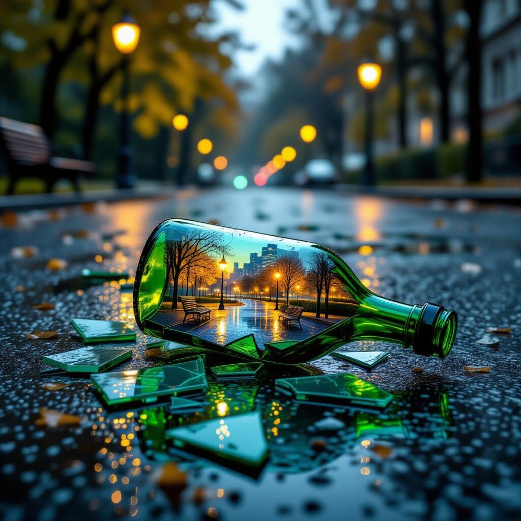 Hyper-realistic, highly detailed image of broken green glass bottle shards lying on wet asphalt after rain. The surface glistens with reflec...