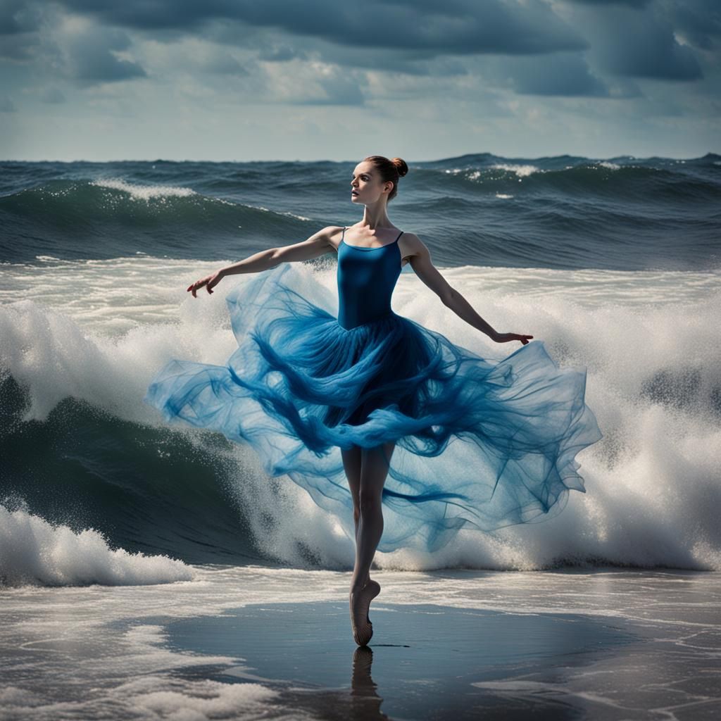 a ballerina in pointe shoes, a dress in the form of a sea wa...