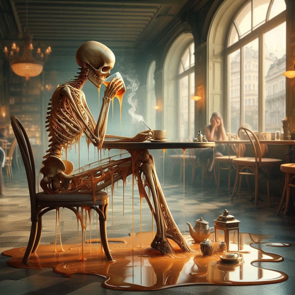 Skeleton drinking tea