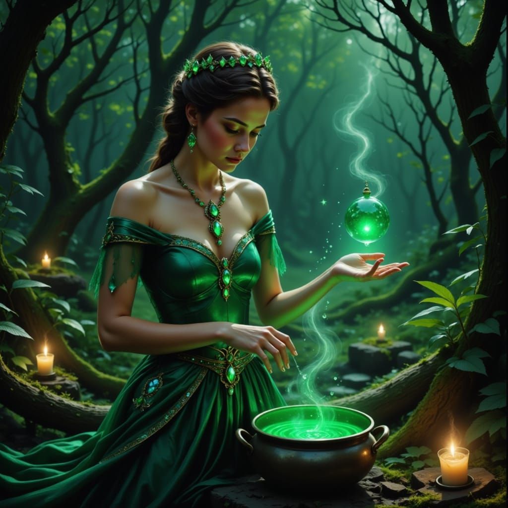 Jeweled woman in adornments waiting by the cooking pot that bubbles green goo a night to remember by star light <lora:Korfaesu:1.0>