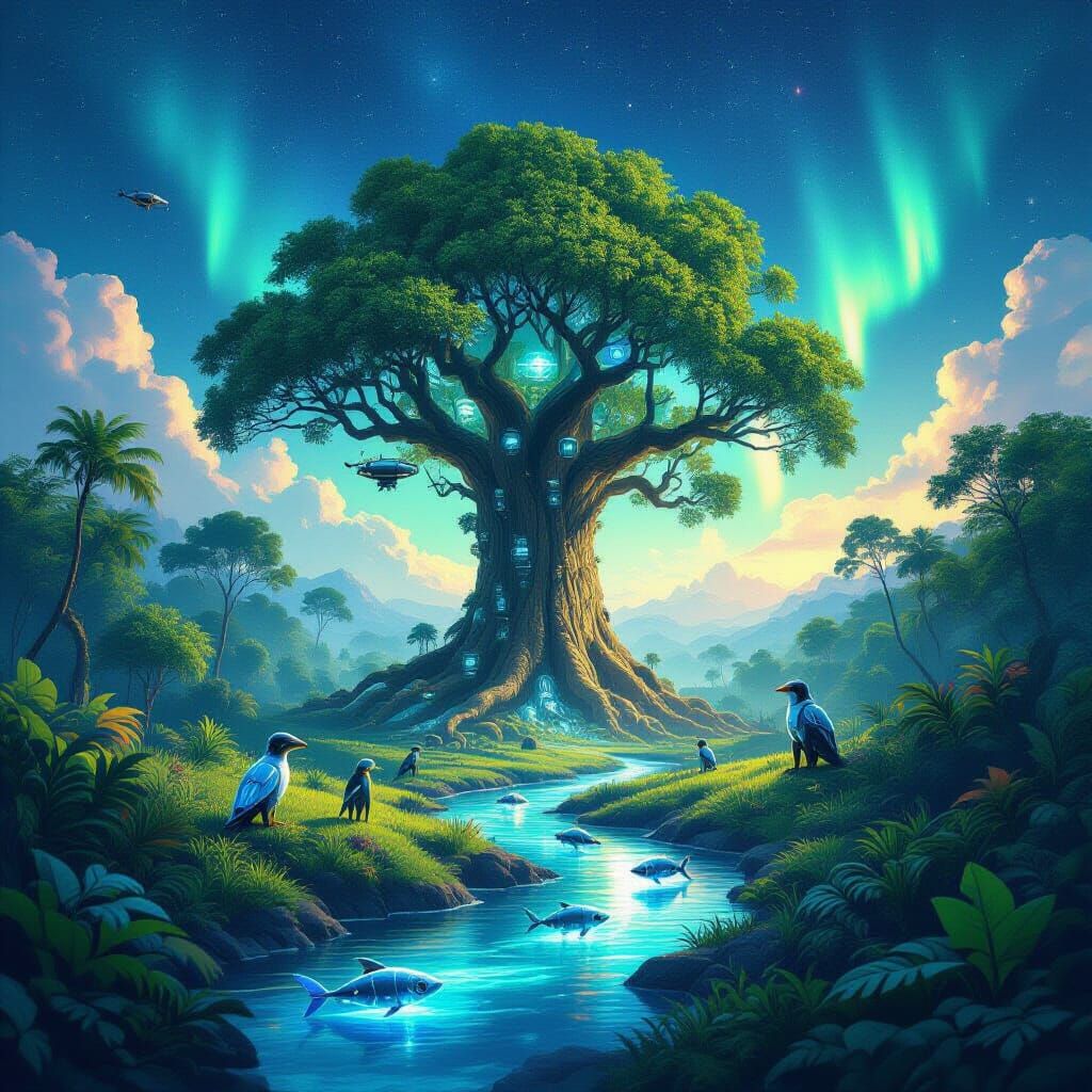 Futuristic Tropical Forest with Nature-Tech Blend