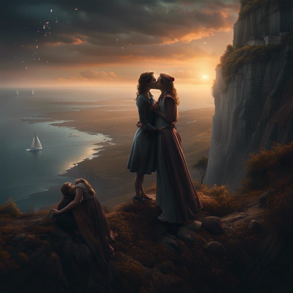 Women kissing on a cliff