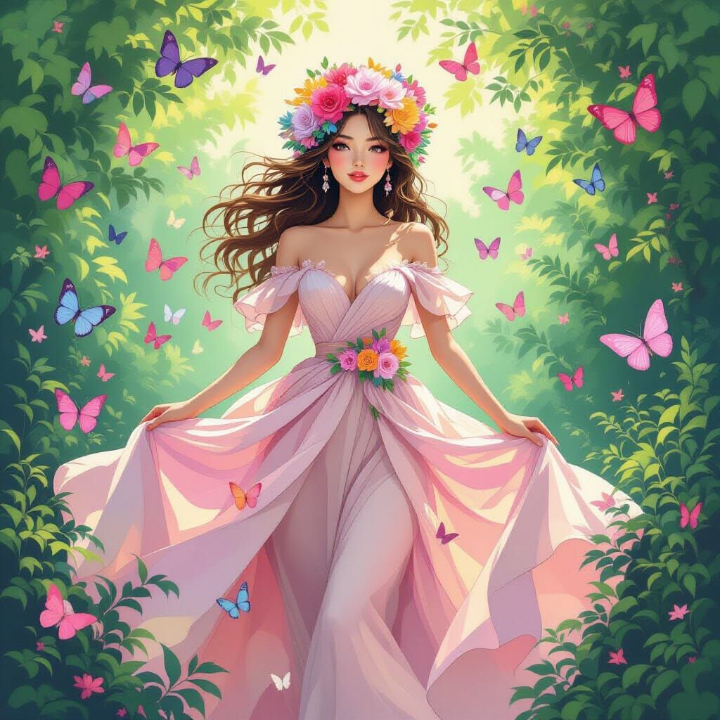 Dreamlike Woman Surrounded by Butterflies and Flowers