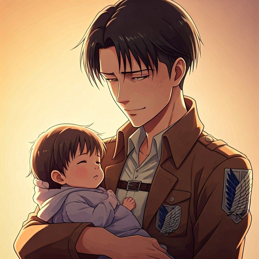 Levi Ackerman, dressed in his Survey Corps uniform, gently c...
