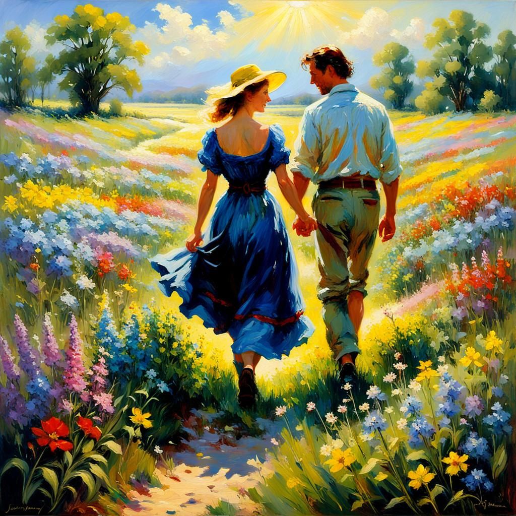 Oil painting, lovers walk hand-in-hand through a field of wildflowers in the spring sun, dramatic lighting, ...  by @Andy Does AI