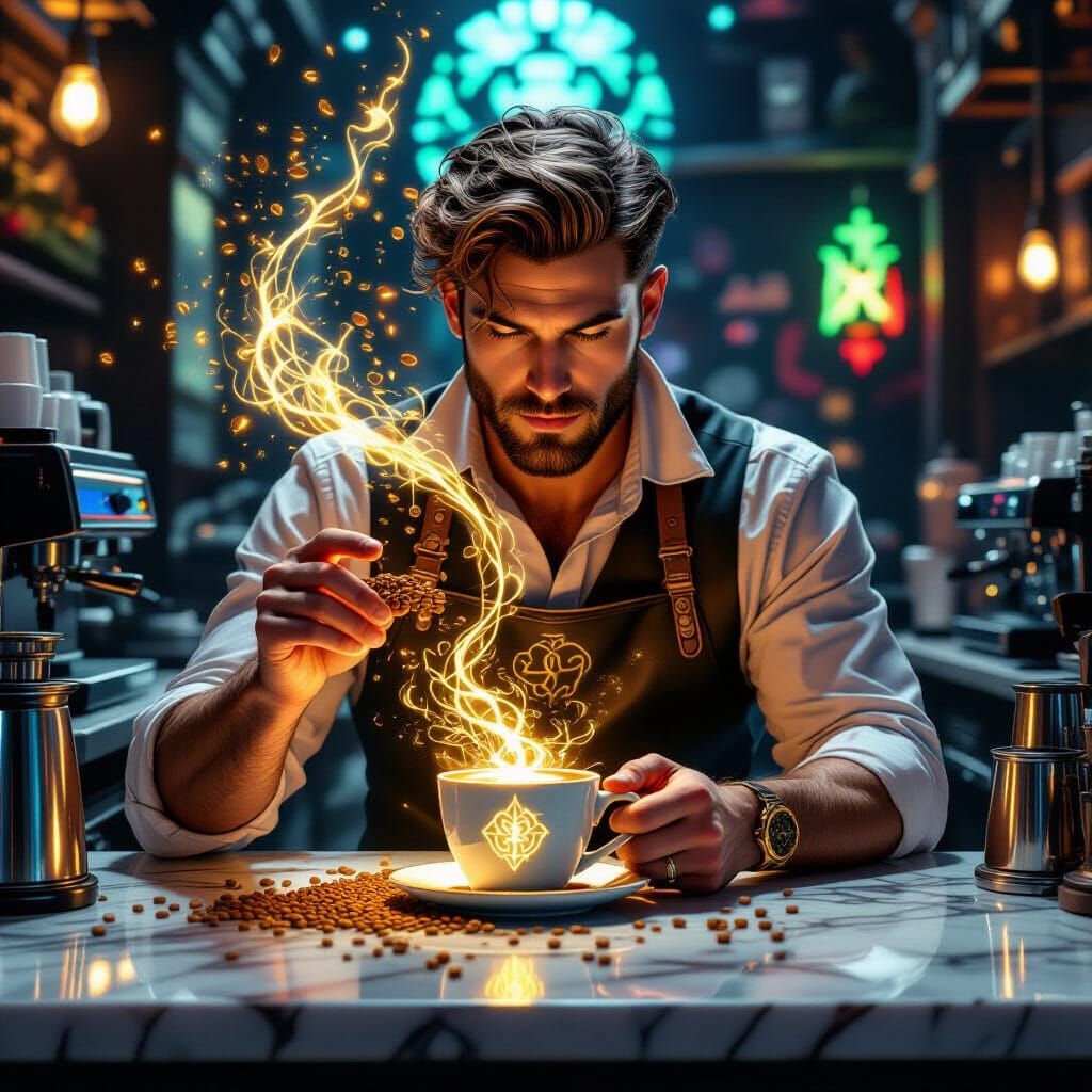 A supernatural barista behind a marble counter inscribed with glowing sigils. 
