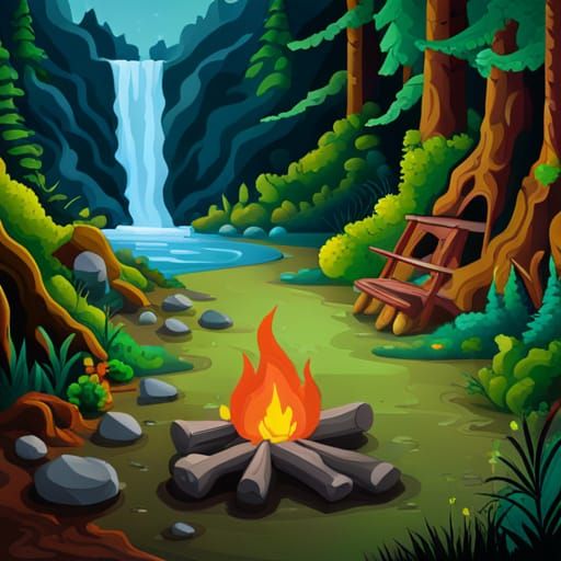 A campfire by the waterfall