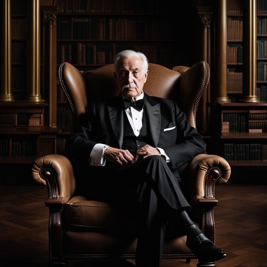 Portrait of an bold Old man dressed in a tuxedo Sitting on a...