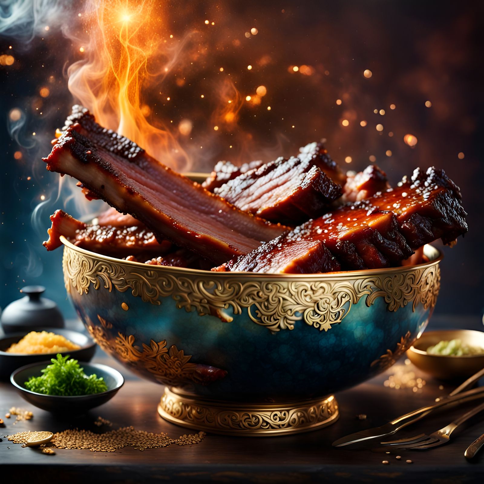 Huge bowl of moist glazed bbq pork ribs, steam rising,  romantic, intricately detailed, hyperdetailed ...  by @Forgrim