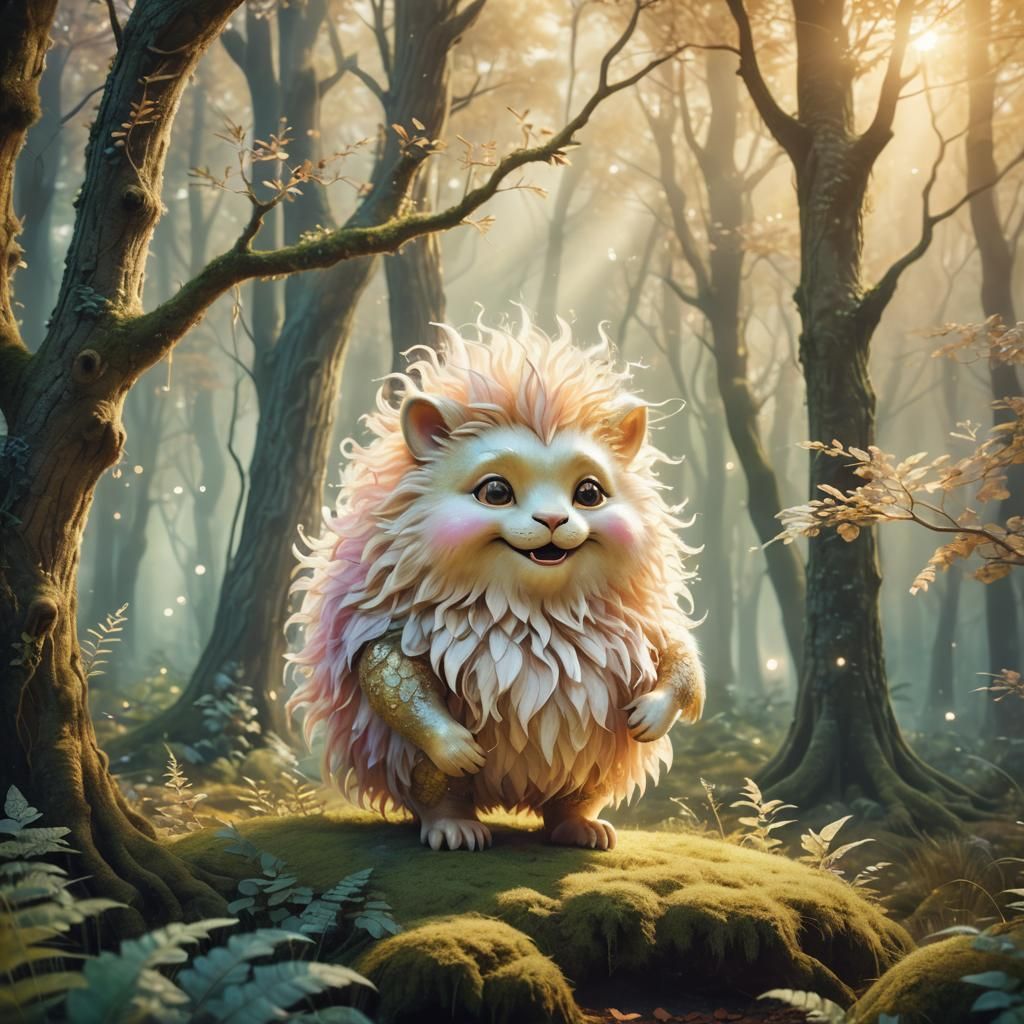 Round Smiling Creature in Enchanted Forest: 3D Digital Art