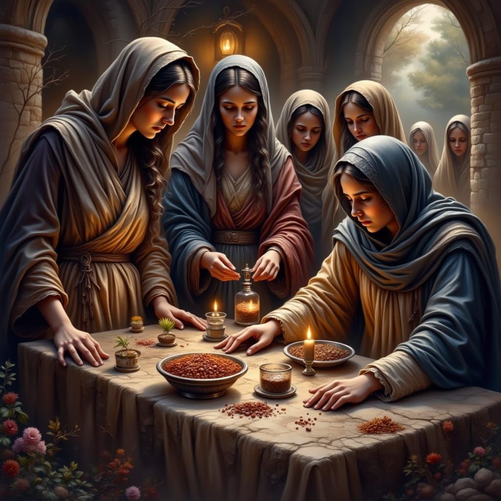 Mary Magdalene and the women pray as they prepare spices and perfumes to anoint Jesus' body.  by @Lainhanshee
