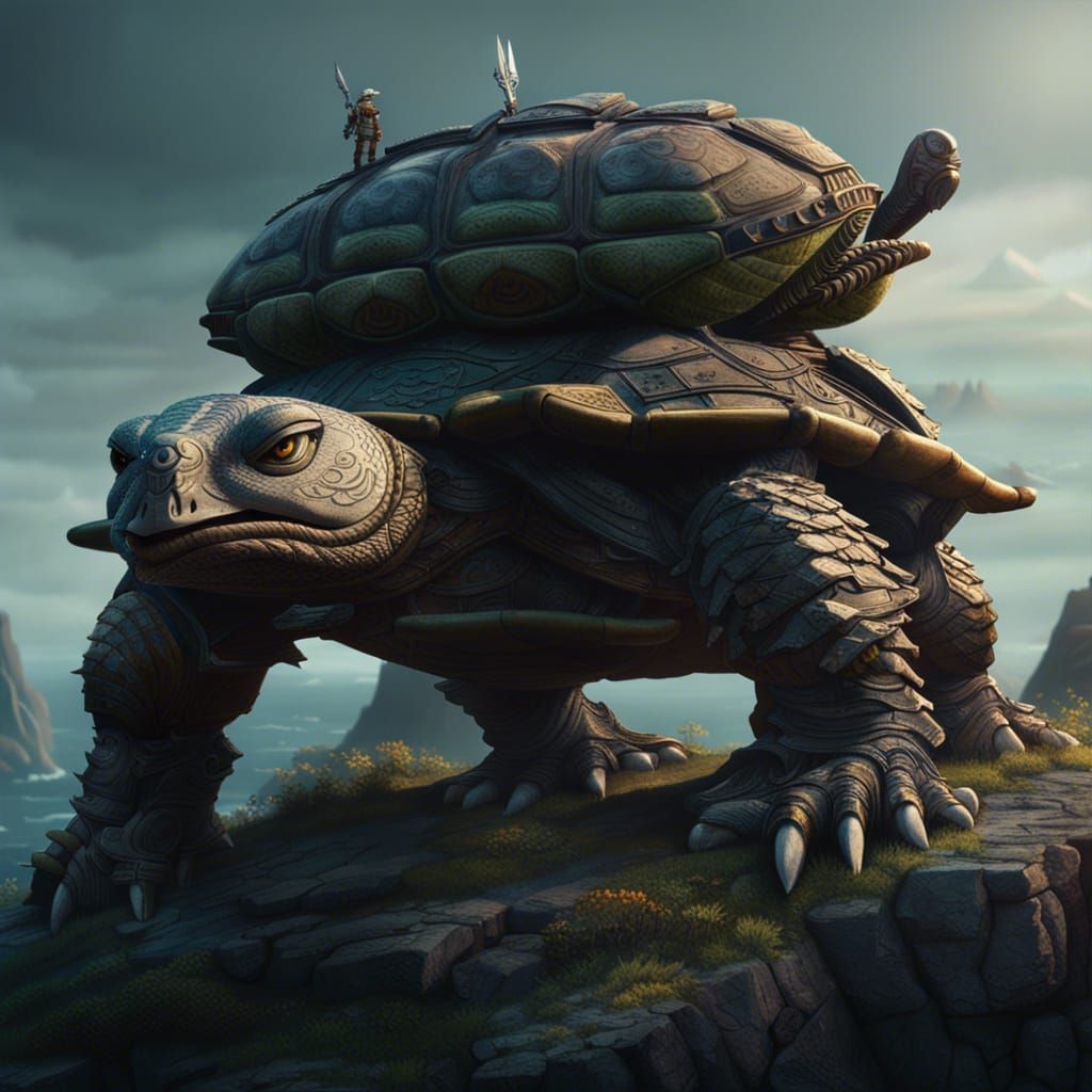 tortle with cannons on his back, standing ontop of a cliff - AI ...