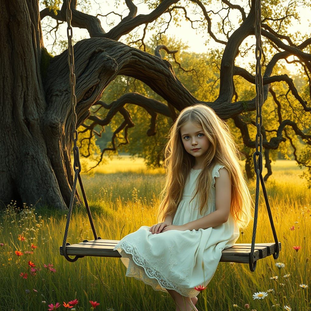 Girl on Swing Under Oak Tree: Waterhouse Style