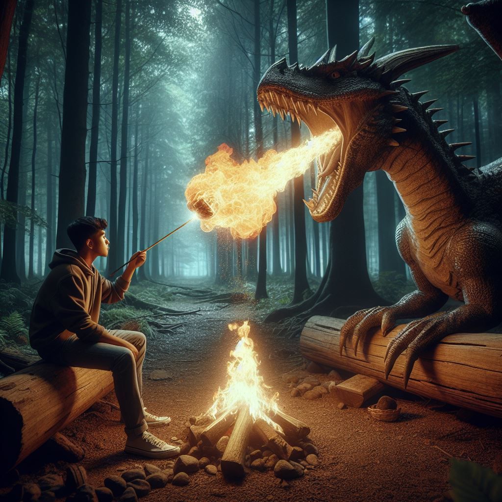 human getting marshmallow roasted by pet dragon