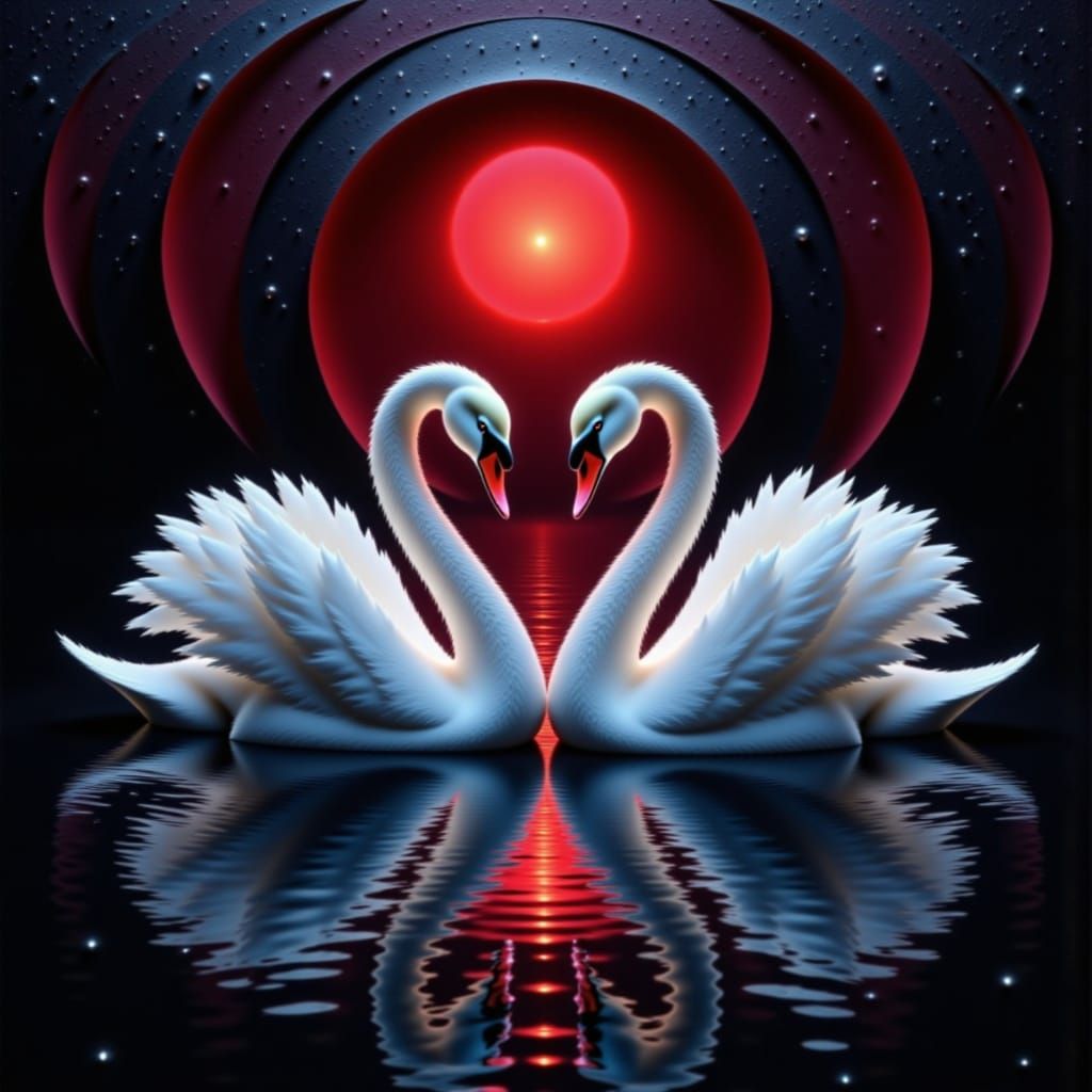 <lora:The Swan of Red:1.0> <lora:Black-Red Textures:1.0> Two elegant swans glide across a tranquil pond, their forms subtly shifting into M....