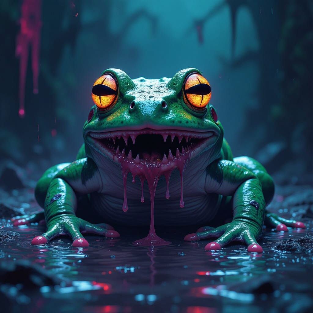 A frog transforming into a grotesque monster, body melting and twisting, glowing eyes, dripping psychedelic textures, eerie surreal horror i...