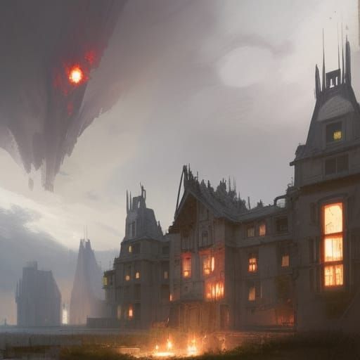 manor during a war, lightning, fire