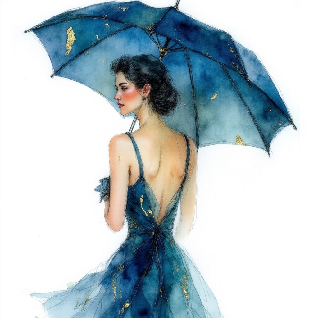 watercolor art, a painting of woman with a blue umbrella holding it, in the style of harsh palette knife work, light cyan and gray, lovely, ...