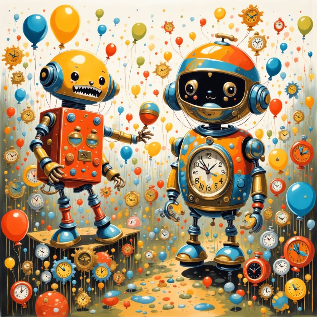 <lora:BOUNCY BALLOONACY:1.0> Cute robots in a flower garden