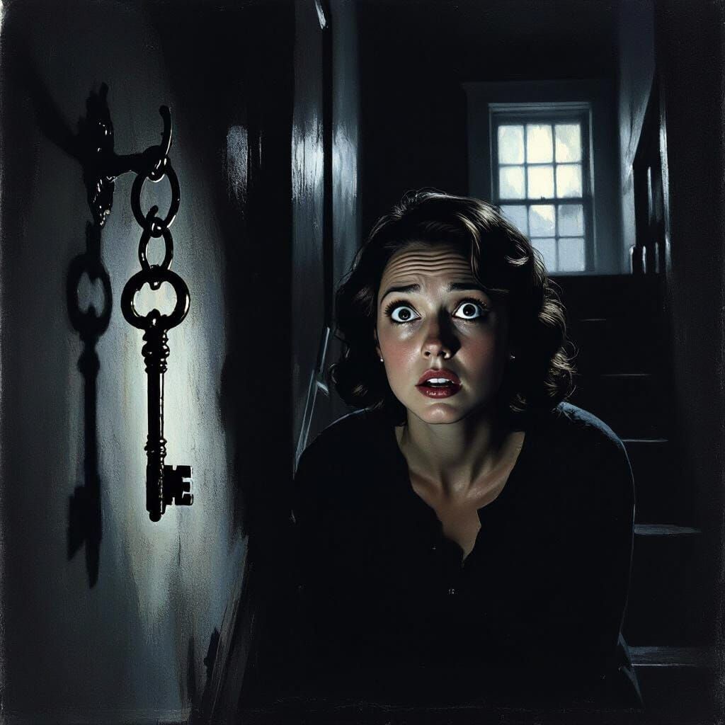 create an image of a woman home alone at night, she thinks she hears something downstairs while she is upstairs and she is scared and it tur...