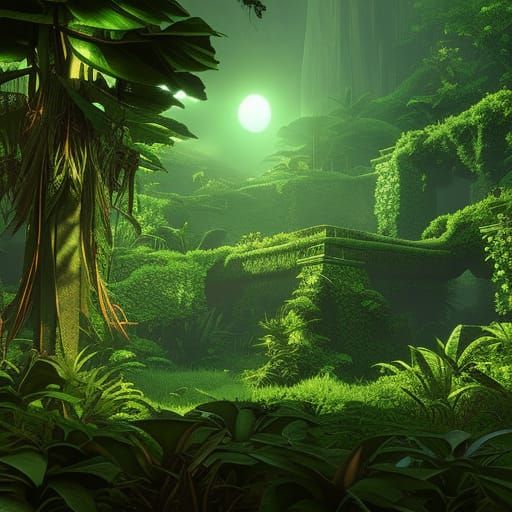 Aztac in the jungle vines all over the aztec, sun glimmering through the vines. High resolution.   by @Irene