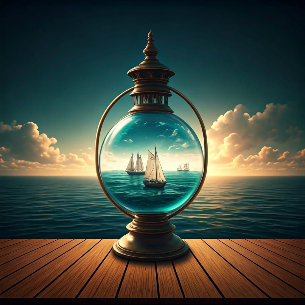 Miniature Seascape in Glass Lantern: A Dreamlike Scene
