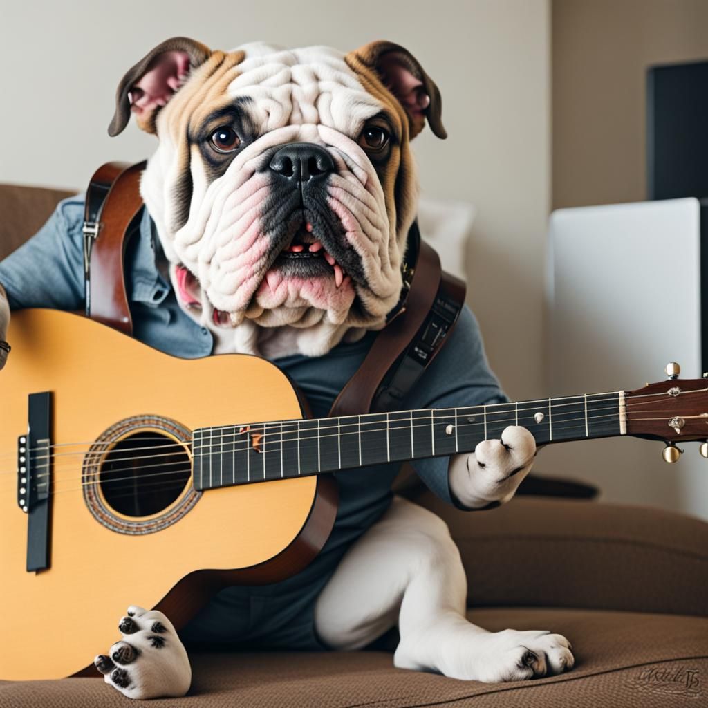 Humanoid Bulldog playing guitar
