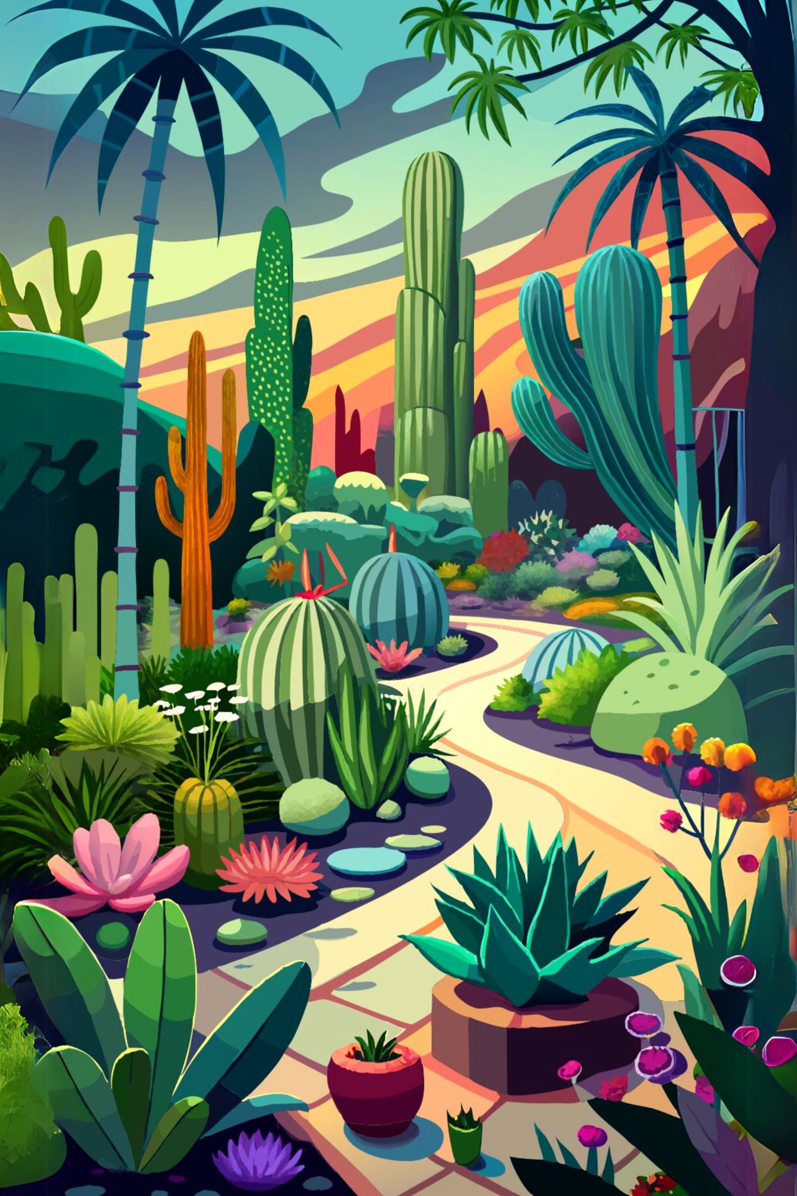 Vector landscape of a cacti and Succulent Garden during a desert sunset