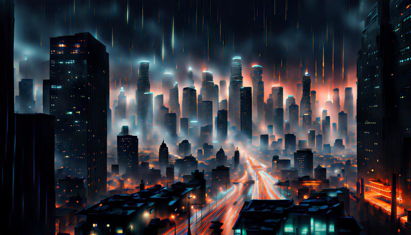 future dystopian Los Angeles cityscape at night while it's r...