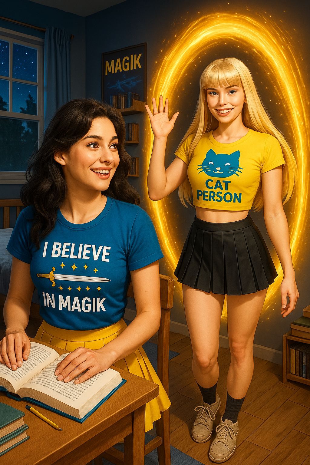 Kitty Pryde (18-years-old, beautiful, fit, with long voluminous brunette hair in soft waves) wearing a blue t-shirt, on the t-shirt are the ...