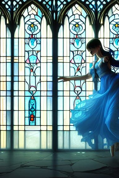the shot of a girl near a stained glass window of a broken a...