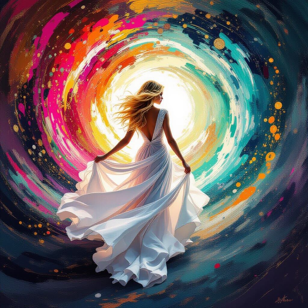 Woman Emerging from Neon Paint Vortex in Dreamlike Style