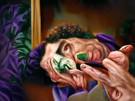 Painting of a man in Joker makeup picking his nose. Done and...
