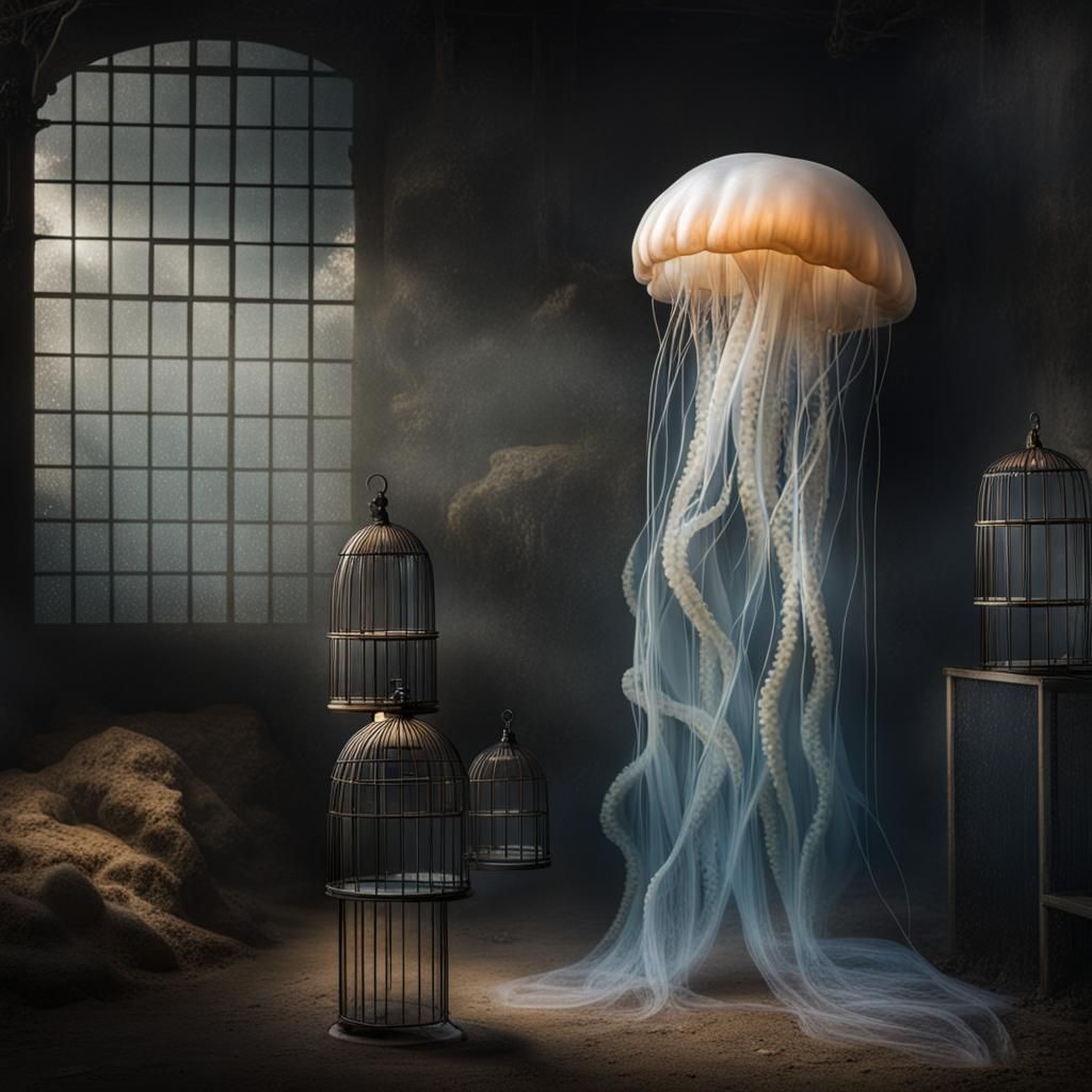 Jellyfish in a Cage: Surreal Underwater Confinement