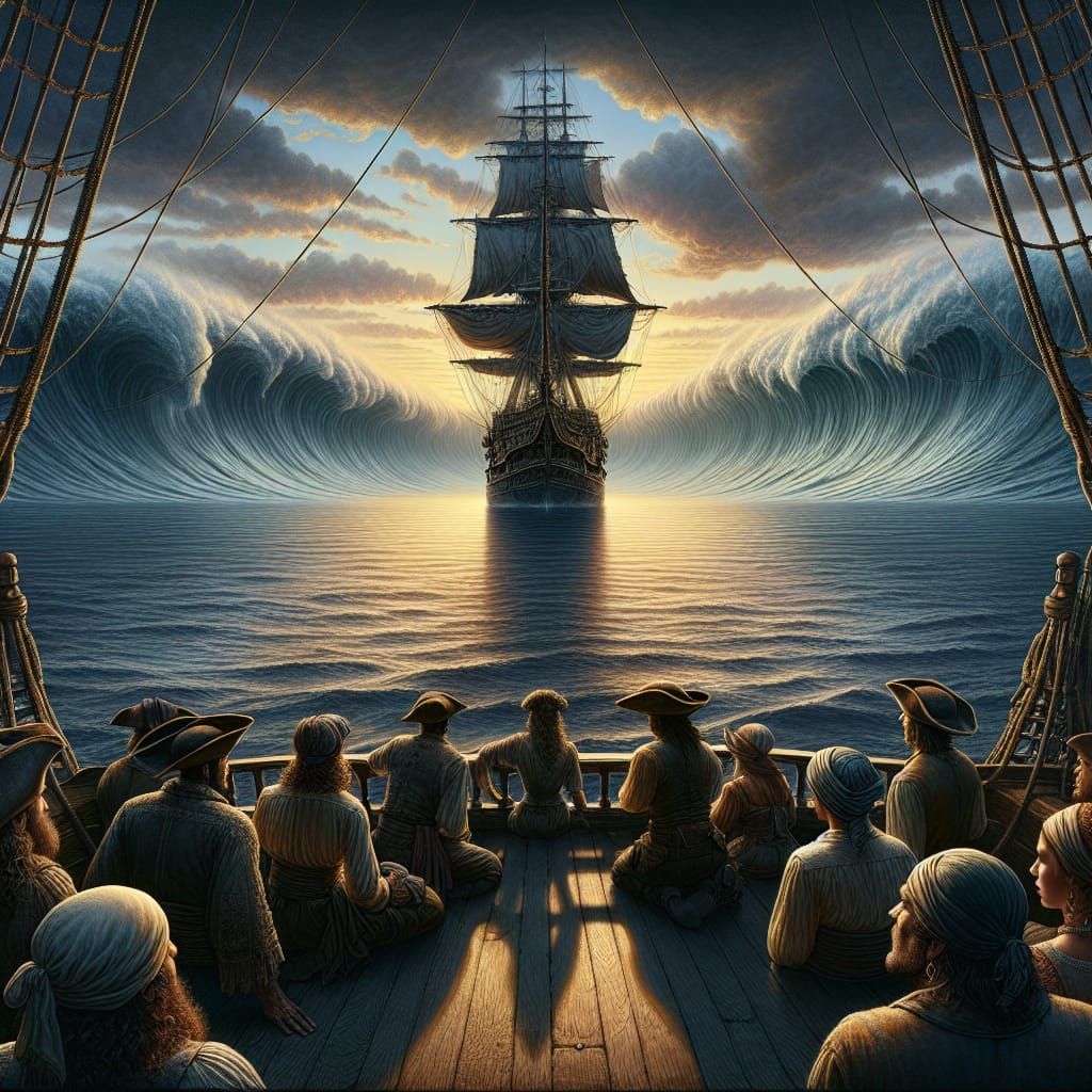 Pirate Ship at Twilight: Rogue Wave Threatens
