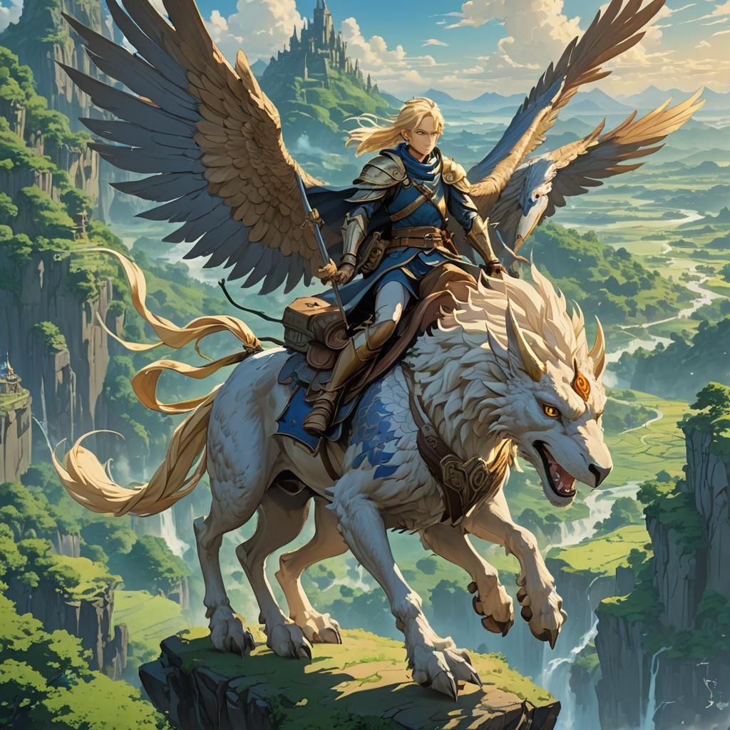 A blond, grey eyed high elf warrior riding a griffin over a ...