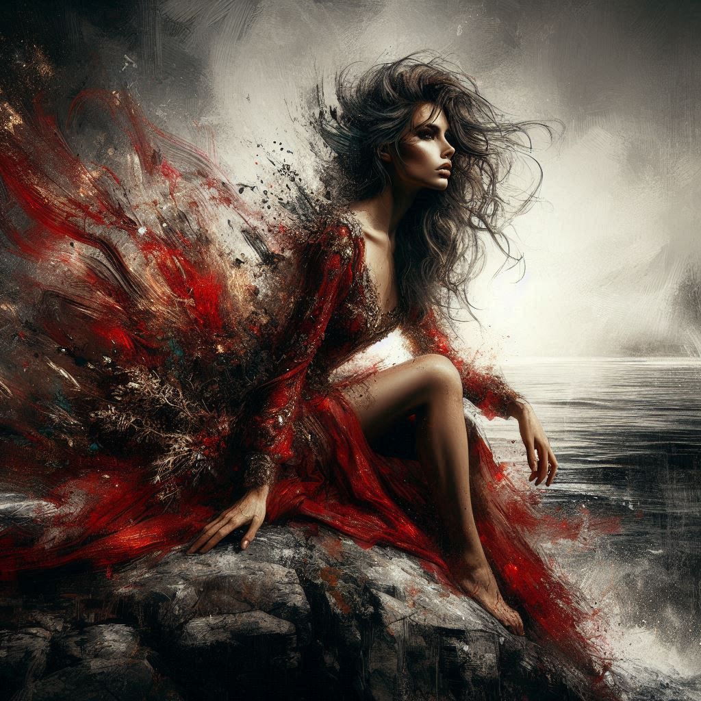 Gorgeous woman in red dress at the sea shore