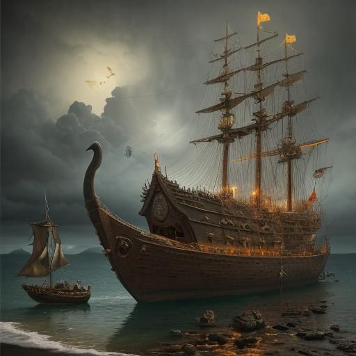 Surreal Pirate Ship Treasure on Beach in Dali Style