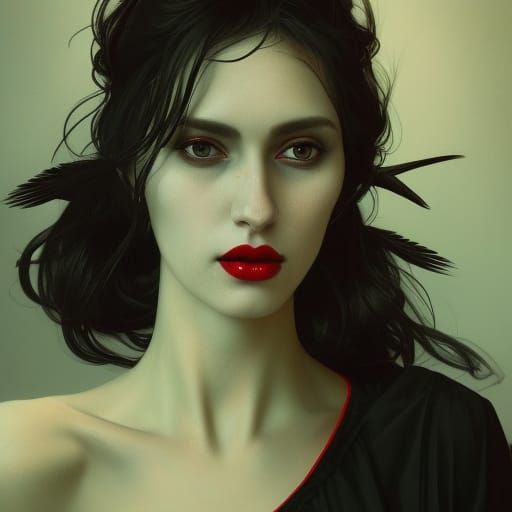 Witch Portrait with Crows in Hyperdetailed Fantasy Art