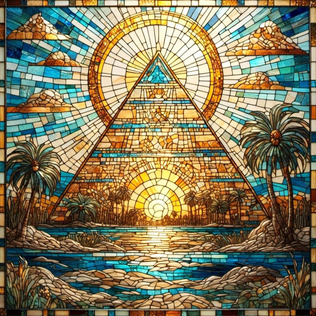 <lora:Stained Glass Mosaic:1.0> Egyptian depiction of the sun rising over a pyramid, Tiffany quality cracked glass mosaic stained glass 