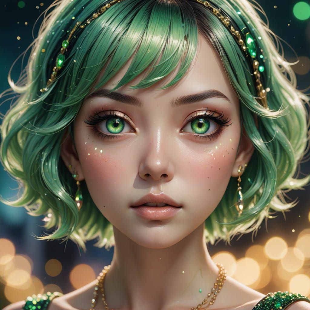 Close-up of a stylized female eye, anime-inspired. The iris is a vibrant, luminous green, almost glowing. ...  by @ACC