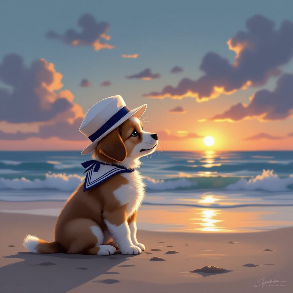 A whimsical puppy wearing a tiny sailor hat sits on a deserted beach at dusk, gazing out at the vast ocean. The mood is one of gentle solitu...