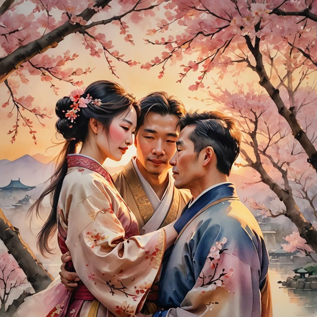 Romantic Chinese Watercolor of Couple Under Blossoms