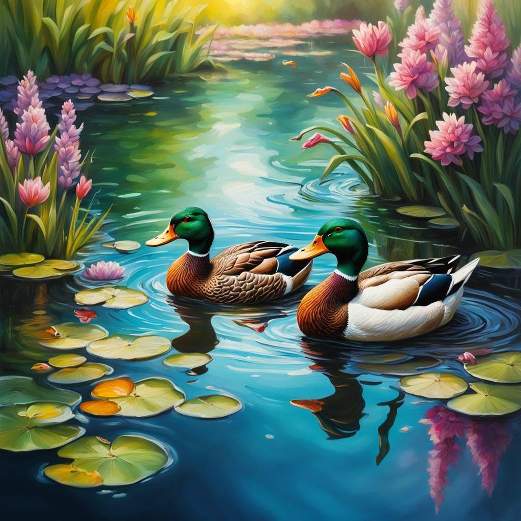 Ducks on Pond with Spring Flowers in Splash Art