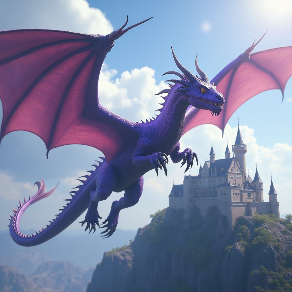 purple dragon with horns flying towards a medieval castle, realistic, 3d, sunny weather