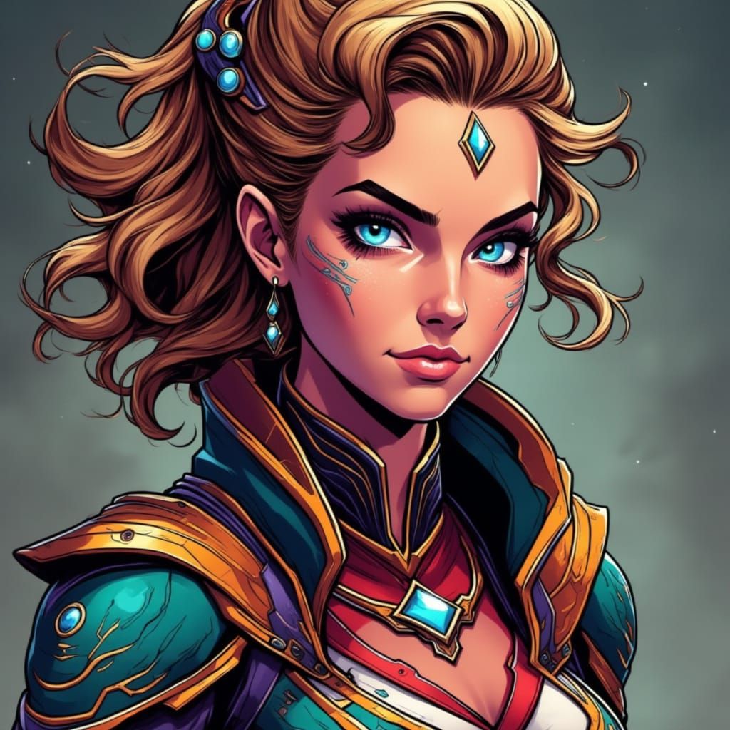 Hyperrealistic portrait of a beautiful woman wearing intricately detailed colorful clothing and futuristic jewellery. <lora:You Were Never A...