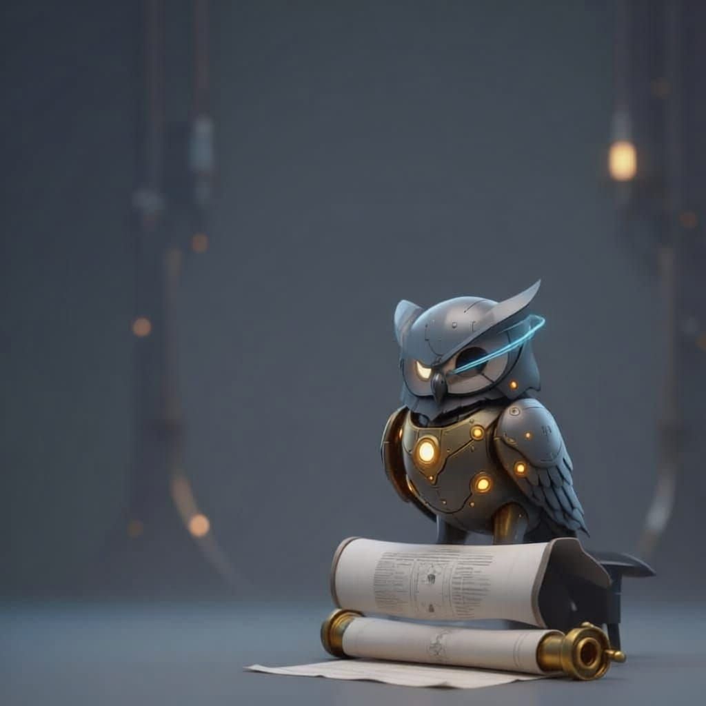 minimalist character portrait representing Herald Bot, a mechanical owl or heraldic bird that is an energetic and motivating announcement cr...